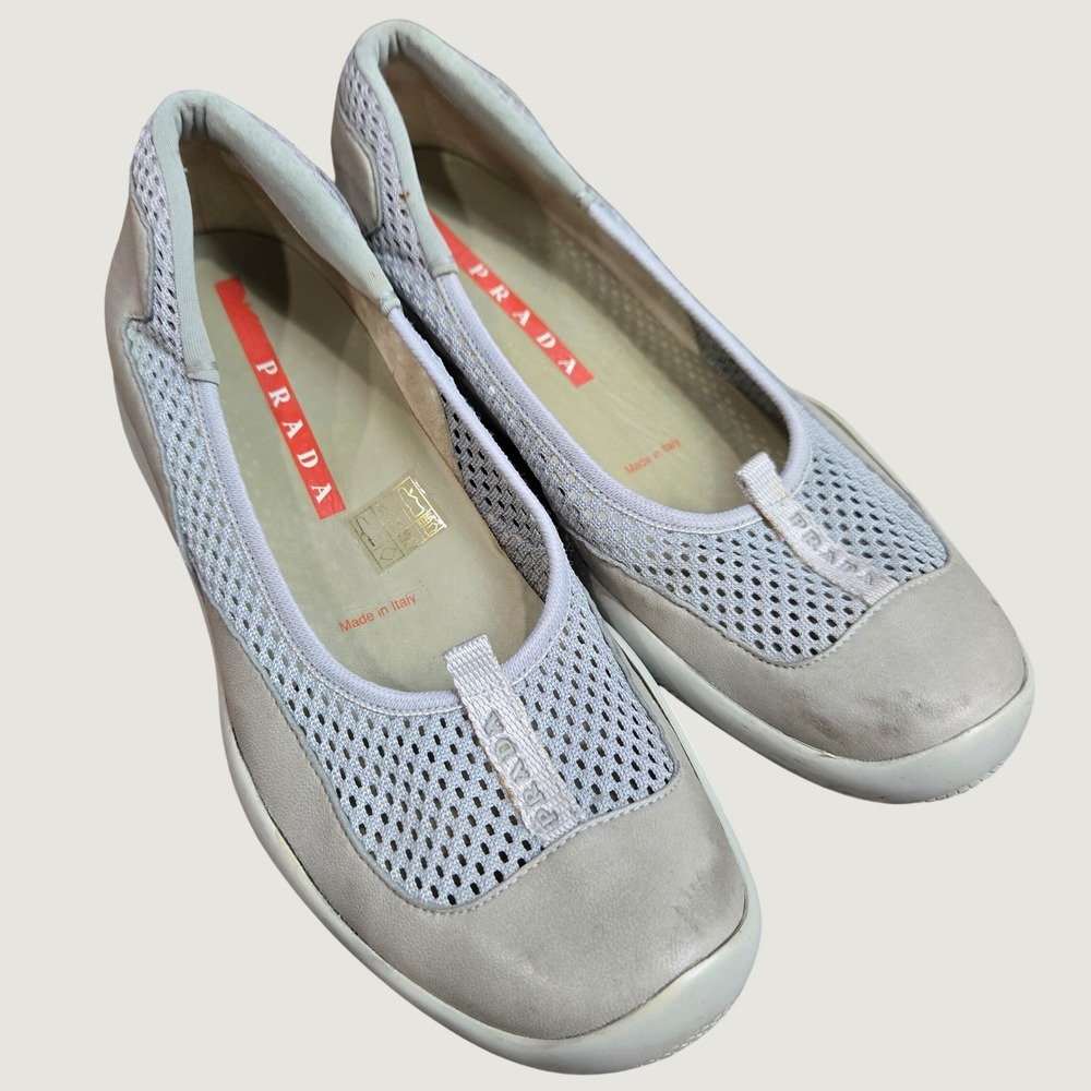 Vintage Prada Sport Americas Cup Mesh Leather Flats Beige Grey Vibram Womens 8.5